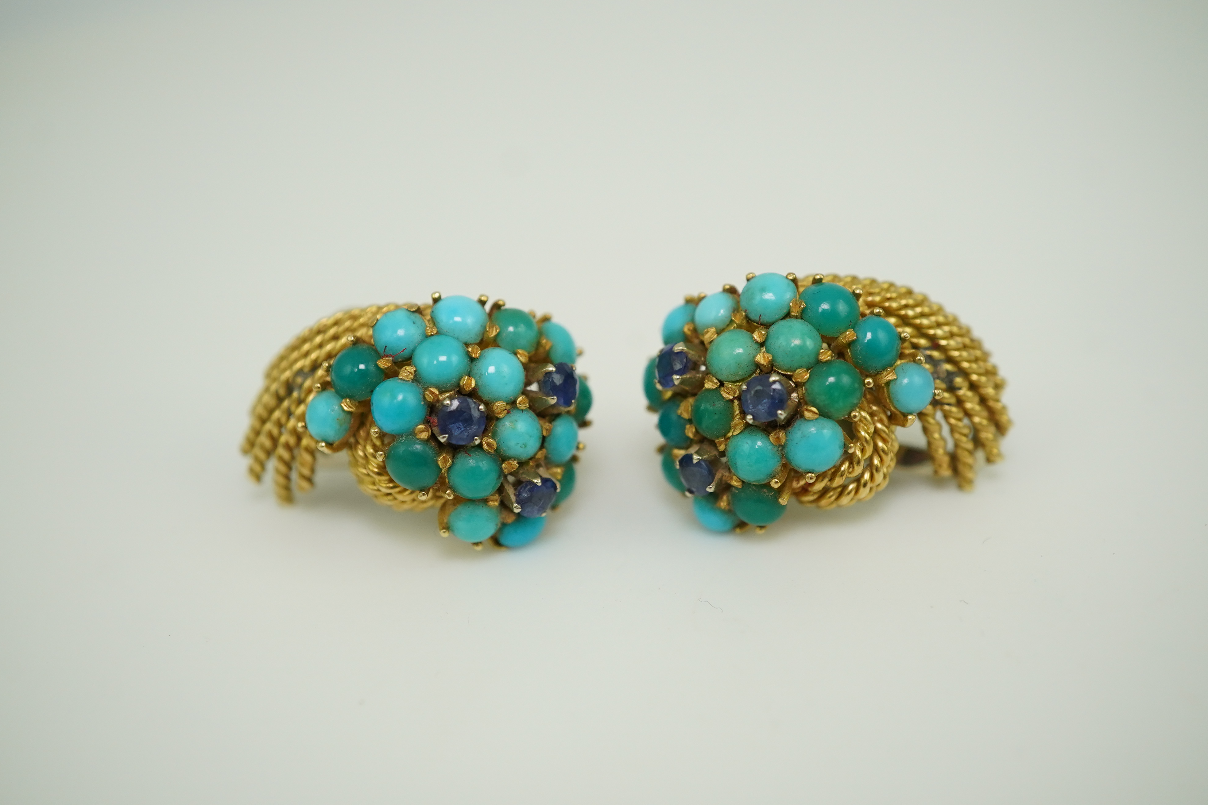 A pair of turquoise and sapphire ear clips, 1960s